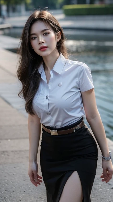 Pretty thai woman walking , (8k, best quality, masterpiece, ultra highres:1.2) Photo of Pretty thai woman beautiful, beautiful enchanting fashion contemporary painting with , (1girl), (white shirt short sleeves), ((black pencil skirt)), belt  , realistic skin texture , round chin, 85 mm art lens, f 1. 2, sharp focus, 8 k high definition, insanely detailed, intricate, elegant, large breasts, big breasts , black skirt