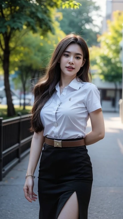 Pretty thai woman walking , (8k, best quality, masterpiece, ultra highres:1.2) Photo of Pretty thai woman beautiful, beautiful enchanting fashion contemporary painting with , (1girl), (white shirt short sleeves), ((black pencil skirt)), belt , realistic skin texture , round chin, 85 mm art lens, f 1. 2, sharp focus, 8 k high definition, insanely detailed, intricate, elegant, large breasts, big breasts , black skirt