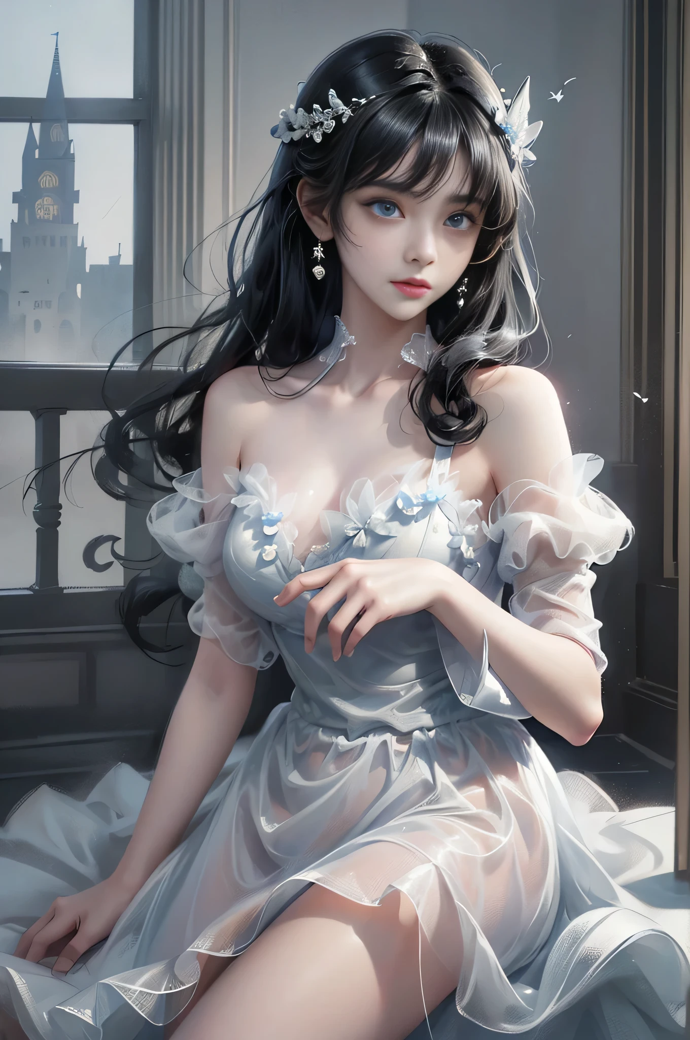 ((A girl lying on the marble floor of an old castle))、(Lying on the marble)Fluorescent color、1 girl、Looking to the side、Beautiful face、Beautiful eyes、（Off the shoulder：1.2）、Upper Body、Shiny Hair、Glowing Skin、 Reduce glare、The proportions of the fingers have been adjusted、Escrow、ass pov、Dynamic Angle、(((Master part)))、(((highest quality)))、(((Super-detailed))) detailed）、（An illustration）、（Detailed light）、（Very delicate and beautiful）、Dramatic_Shadow、Ray_Tracking、reflection、 Ultra-high resolution、((A girl with colorful hair and mesh in her black hair))、 Her hair flutters in the wind、(Large deep blue eyes)、Black Haired Woman、 Sparkling Butterfly、Black-haired woman、Points of light around the woman、Magical Aura、Green dot、Aura About Natural、超Magical AuraBlack-haired woman,((Semi-transparent white open shoulder dress:1.3))、(No sleeve)、((My skirt is flying up in the wind)),((An old European castle is hazy in the distance)),((White panties are visible)),