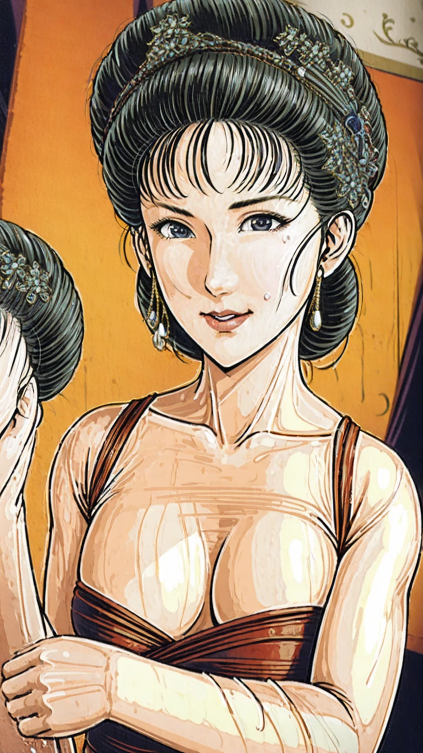 (best quality), (very aesthetic), (ultra-detailed), (best illustration),(a mature female),(perfect face),Suikoden,Mrs. Lin,(((NSFW))),((full_body)),((full_NUDE)),(Woman with pubic hair),surprised,red cheek,sweating,skinny,flushed skin,(standing),traditional Chinese bedroom,