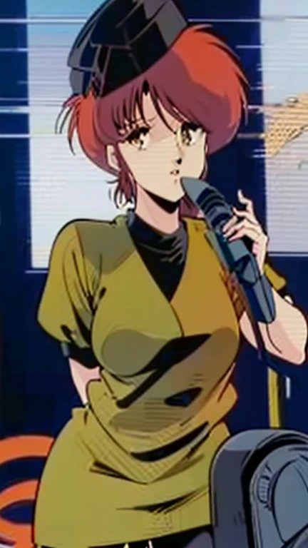 masterpiece,high resolution,Anime-like,MZ1TokimatsuriEve,1girl,red hair,short hair,yellow eyes,retro artstyle,1980s (style), military uniform,military_hat,Top quality anime illustrationegaZone23,EVE,The main character is a girl with medium-length reddish-brown hair., Wearing military uniform,Sing with a microphone,Tanks are lined up in the background,Create in high resolution like 4K