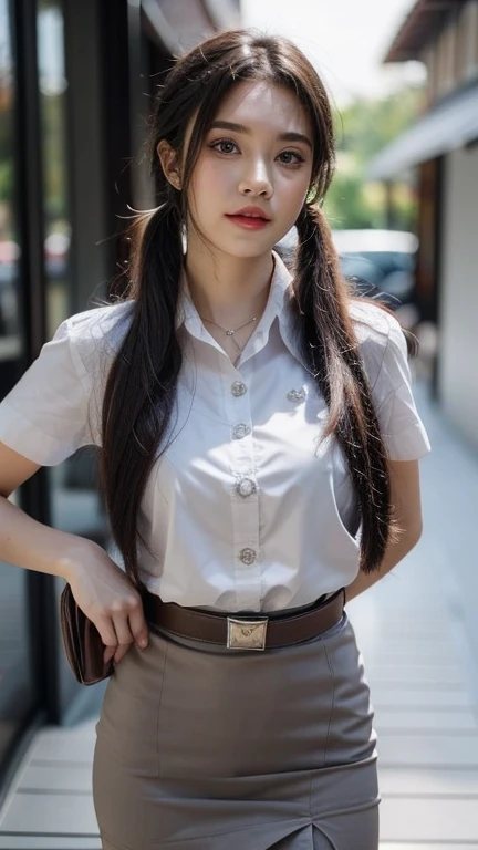Pretty thai woman walking , (8k, best quality, masterpiece, ultra highres:1.2) Photo of Pretty thai woman beautiful, beautiful enchanting fashion contemporary painting with , (1girl), (white shirt short sleeves), ((black pencil skirt)), belt , , blonde hair, , realistic skin texture , round chin, 85 mm art lens, f 1. 2, sharp focus, 8 k high definition, insanely detailed, intricate, elegant, large breasts, big breasts , black skirt , twin tails hair