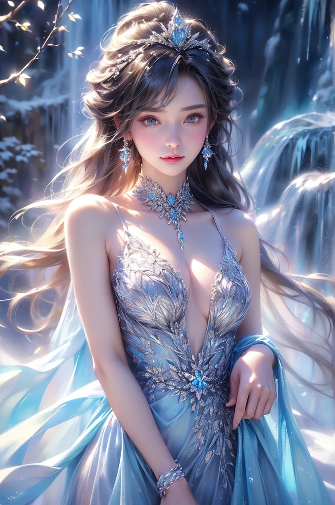 (Upper body photo:1.5)、dutch angle. wood, Exquisite mini ice spikes and crystals, A frozen waterfall in the background, Light reflected by ice crystals, Flowing snowflakes.1 girl、pretty girl,A realistic person,Beautiful cleavage,((medium breasts)),Thin legs、Tight waist、standing, Long dress,Halter neck
