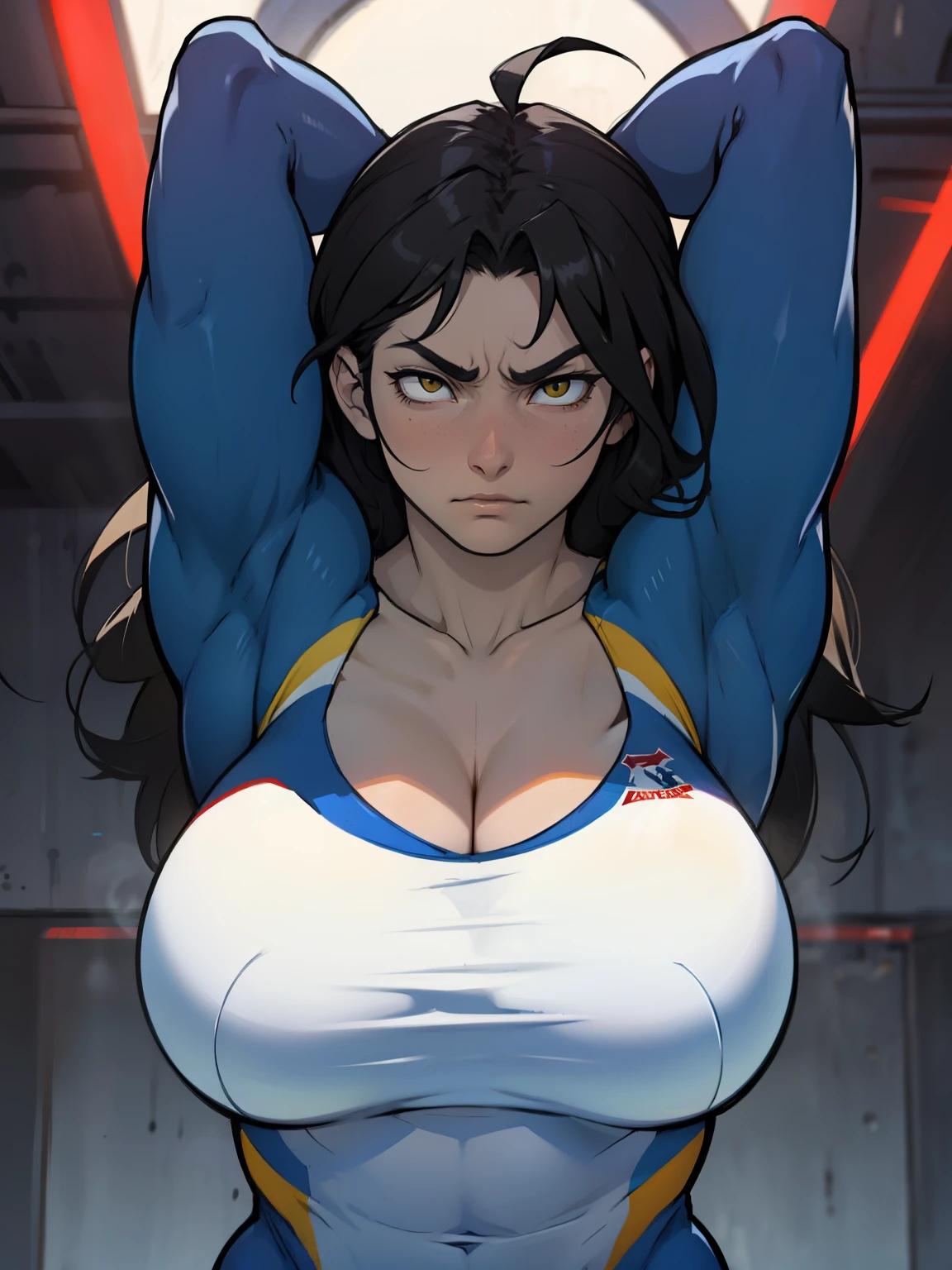 ((girl muscular thick)) pale skin black hair ultra detailed eyes huge large breasts toned body embarrassed blush very long hair skintight suit yellow eyes hair flaps cleavage