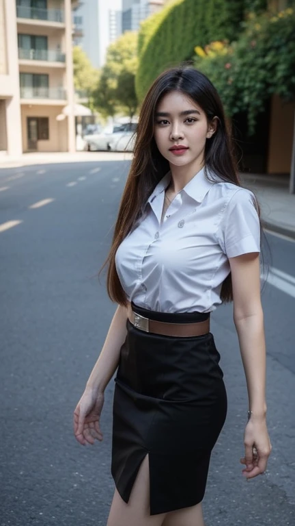 Pretty thai woman walking , (8k, best quality, masterpiece, ultra highres:1.2) Photo of Pretty thai woman beautiful, beautiful enchanting fashion contemporary painting with , (1girl), (white shirt short sleeves), ((black pencil skirt)), belt , realistic skin texture , round chin, 85 mm art lens, f 1. 2, sharp focus, 8 k high definition, insanely detailed, intricate, elegant, large breasts, big breasts , black skirt