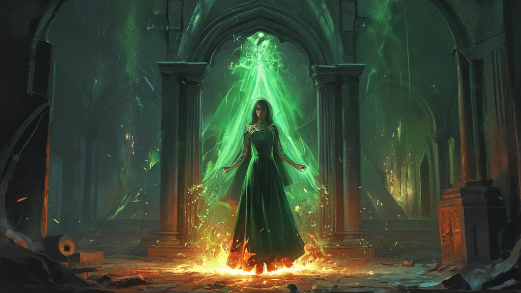 Amid the collapsing grandeur of a burning medieval castle, a stands as the flames engulf the once-mighty structure. The inferno's roar drowns out the sounds of the crumbling walls and shattering windows, casting an infernal light that dances erratically across the stonework. From above, the scene is a tableau of chaos and destruction, with the small, vulnerable figure at its heart.
The girl’s wide, emerald-green eyes, filled with terror and confusion, shimmer with unshed tears as they catch the firelight. Smoke curls around her, making each breath a struggle, while the intense heat sears her exposed skin. Her dress, now stained with soot and dirt, clings to her frail form, and her tangled hair is damp with sweat.
She clutches a small, tattered doll to her chest, its once-bright fabric now singed and darkened by the encroaching flames. The child's lips tremble as she stands frozen in place, a symbol of innocence amidst the chaos. Around her, wooden beams groan and snap, sending showers of sparks into the air.
With no clear path to safety, she appears isolated and helpless, surrounded by the relentless advance of the fire. The oppressive heat and the choking smoke close in, making the already dim hallways even more treacherous. The ’s figure, framed by the inferno, becomes a poignant focal point in a nightmarish scene, embodying the stark contrast between innocence and the overwhelming destruction that threatens to consume her.
