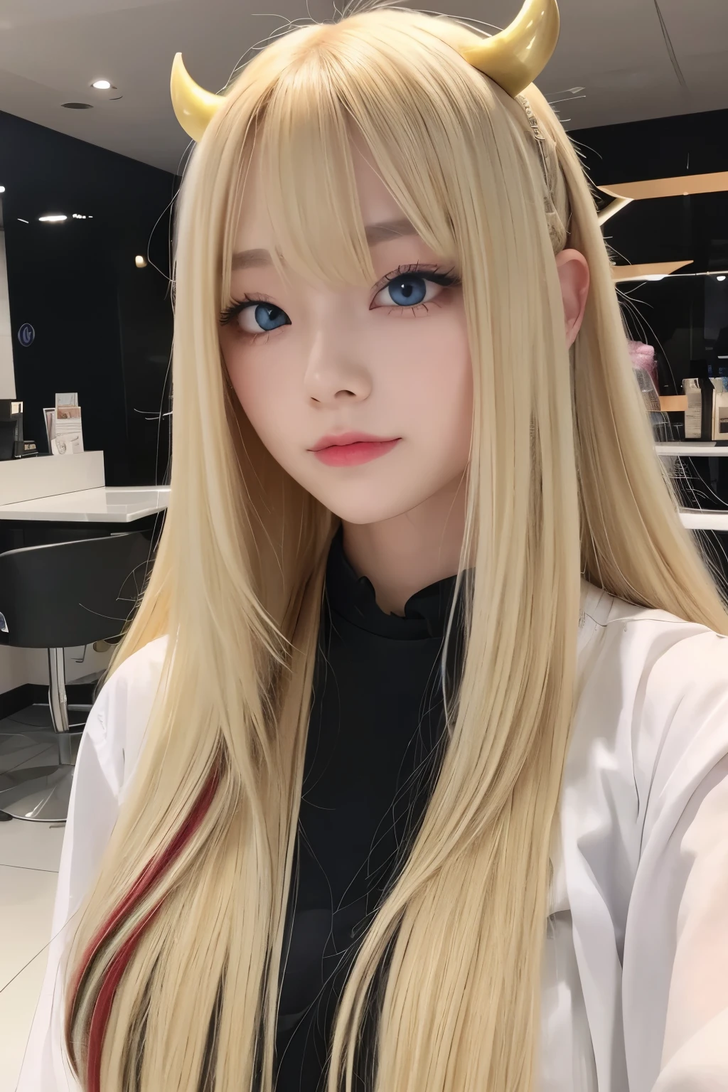 Little Devil Girl、Long Hair、sexy、Hair color: blonde with blue highlights