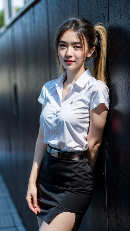 Pretty thai woman walking , (8k, best quality, masterpiece, ultra highres:1.2) Photo of Pretty thai woman beautiful, beautiful enchanting fashion contemporary painting with , (1girl), (white shirt short sleeves), ((black pencil skirt)), belt , , blonde hair, , realistic skin texture , round chin, 85 mm art lens, f 1. 2, sharp focus, 8 k high definition, insanely detailed, intricate, elegant, large breasts, big breasts , black skirt , twin tails hair