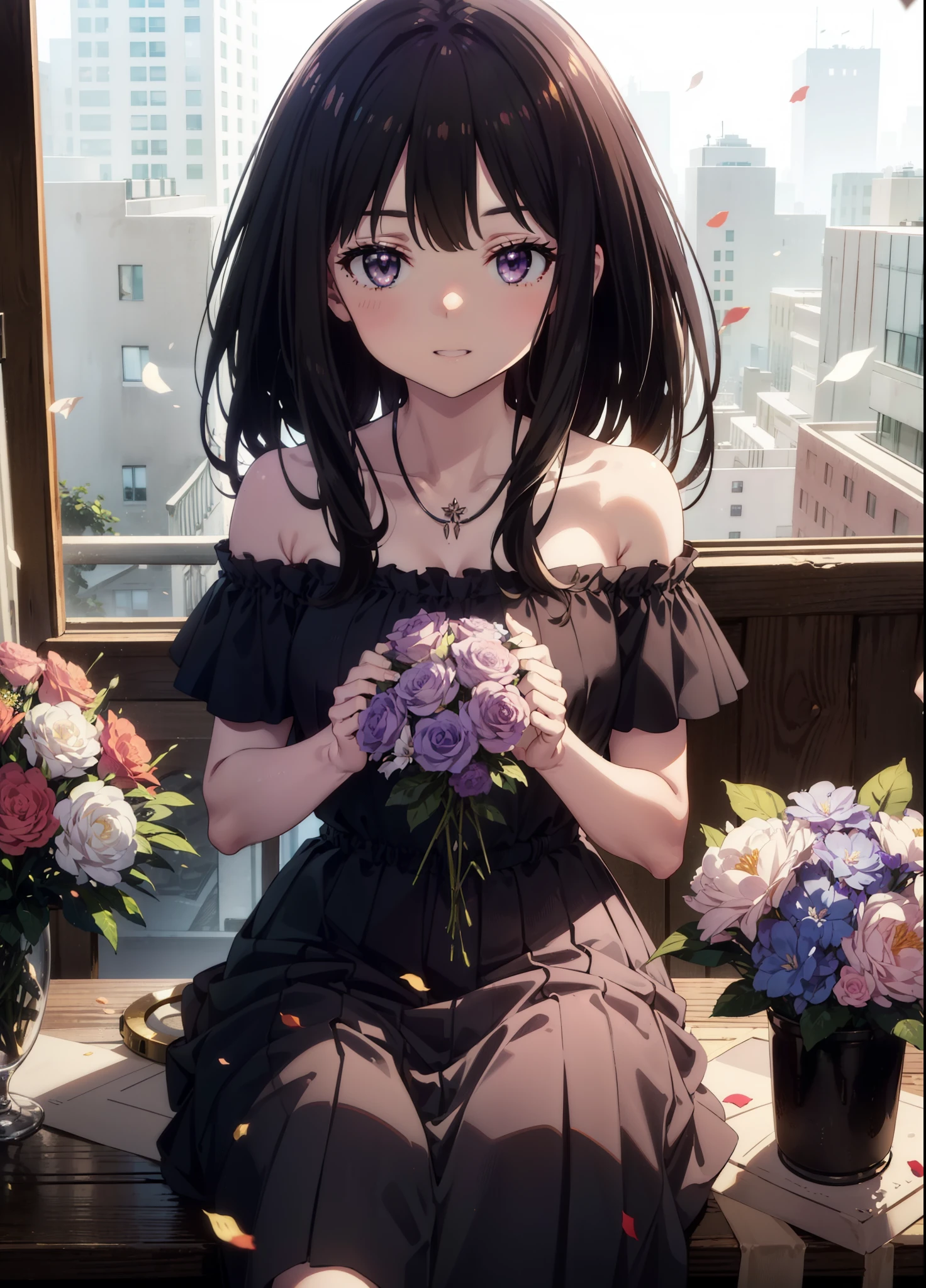 Takiuchikami, Long Hair, bangs, Black Hair, (Purple eyes:1.2),
smile,blush,Please open your mouth wide,Blue off-shoulder dress,Bare shoulders,bare clavicle,Bare neck,Heart Necklace,Short sleeve,Long skirt,Stiletto heels,holding a bouquet of flowers in both hands,There is a round birthday cake on the desk.,Confetti,cracker,whole bodyがイラストに入るように,
break indoors,  venue,
break looking at viewer, whole body,  (Cowboy Shot:1. 5),
break (masterpiece:1.2), Highest quality, High resolution, unity 8k wallpaper, (shape:0.8), (Beautiful attention to detail:1.6), Highly detailed face, Perfect lighting, Extremely detailed CG, (Perfect hands, Perfect Anatomy),