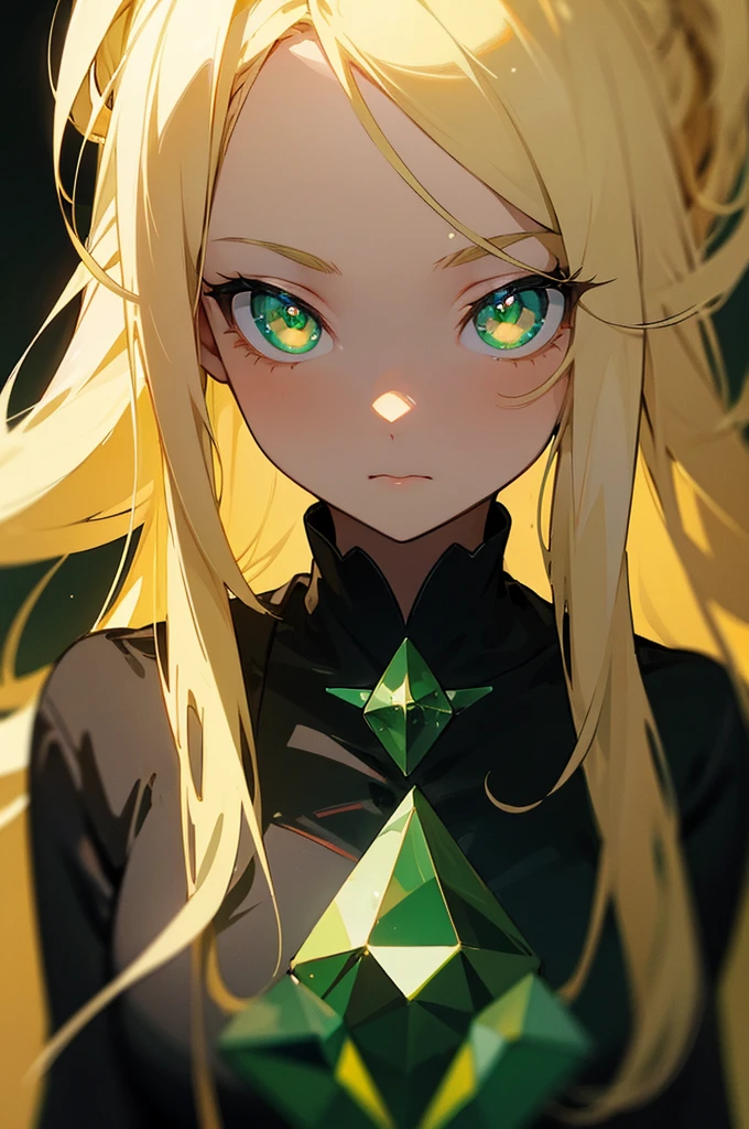 beautiful girl, cute and gentle, blonde hair, green emerald eyes glowing in the dark, black background, perfect symmetrical eyes and pupils, mysterious look, blur and soft colors, upper body