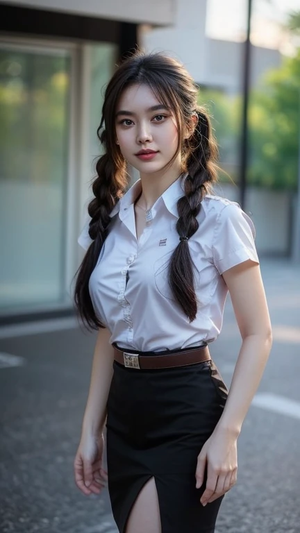 Pretty thai woman walking , (8k, best quality, masterpiece, ultra highres:1.2) Photo of Pretty thai woman beautiful, beautiful enchanting fashion contemporary painting with , (1girl), (white shirt short sleeves), ((black pencil skirt)), belt , , blonde hair, , realistic skin texture , round chin, 85 mm art lens, f 1. 2, sharp focus, 8 k high definition, insanely detailed, intricate, elegant, large breasts, big breasts , black skirt , twin tails hair