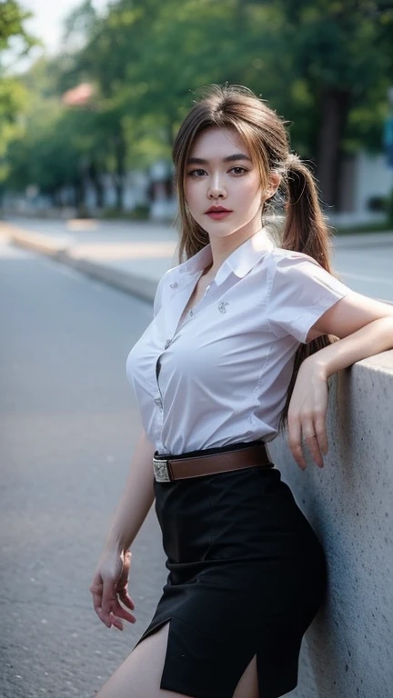 Pretty thai woman walking , (8k, best quality, masterpiece, ultra highres:1.2) Photo of Pretty thai woman beautiful, beautiful enchanting fashion contemporary painting with , (1girl), (white shirt short sleeves), ((black pencil skirt)), belt , , blonde hair, , realistic skin texture , round chin, 85 mm art lens, f 1. 2, sharp focus, 8 k high definition, insanely detailed, intricate, elegant, large breasts, big breasts , black skirt , twin tails hair