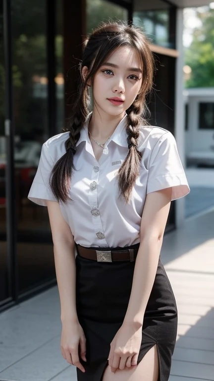 Pretty thai woman walking , (8k, best quality, masterpiece, ultra highres:1.2) Photo of Pretty thai woman beautiful, beautiful enchanting fashion contemporary painting with , (1girl), (white shirt short sleeves), ((black pencil skirt)), belt , , blonde hair, , realistic skin texture , round chin, 85 mm art lens, f 1. 2, sharp focus, 8 k high definition, insanely detailed, intricate, elegant, large breasts, big breasts , black skirt , twin tails hair