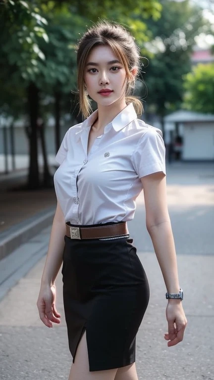 Pretty thai woman walking , (8k, best quality, masterpiece, ultra highres:1.2) Photo of Pretty thai woman beautiful, beautiful enchanting fashion contemporary painting with , (1girl), (white shirt short sleeves), ((black pencil skirt)), belt , , blonde hair, , realistic skin texture , round chin, 85 mm art lens, f 1. 2, sharp focus, 8 k high definition, insanely detailed, intricate, elegant, large breasts, big breasts , black skirt , twin tails hair