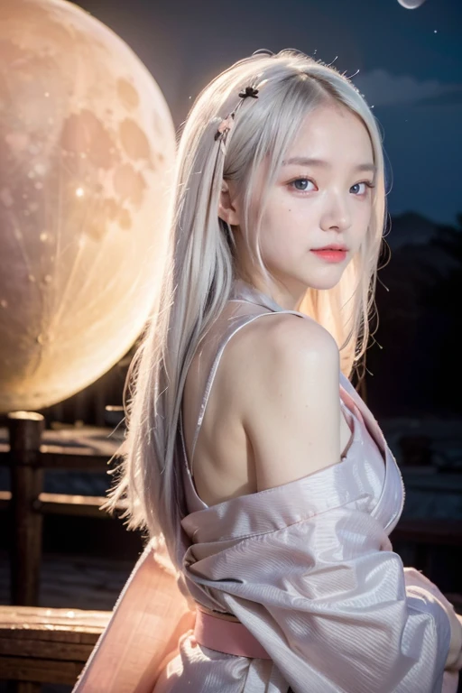 face lighting,bright backlight,super high resolution,best quality,Photos,32K,(Realistic:1.2),huiye,1girl,(kimono:1.1),(pale skin:1.5),(pink silver hair:1.2),long hair,(night:1.2),
(pink moon:1.4),Shoulders exposed skin,Are thin, skinny,