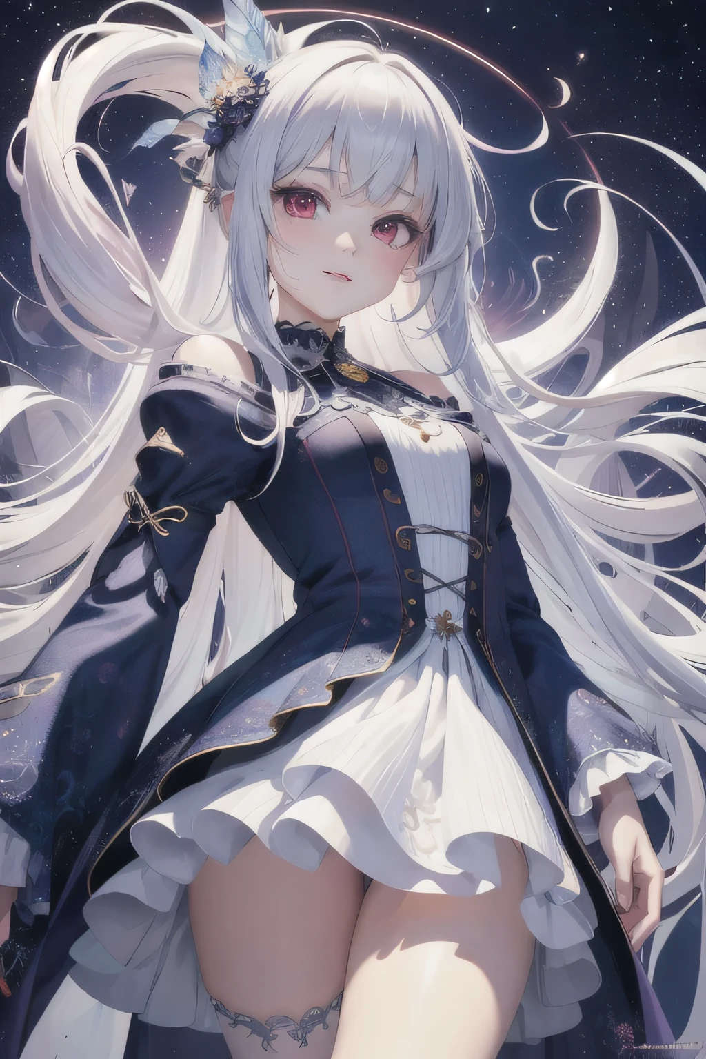 (masterpiece, top quality, best quality, official art, beautiful and aesthetic:1.2), (1girl), extreme detailed,(fractal art:1.3),colorful,highest detailed, beautiful illustration, best quality, cute petit girl, (transform sequence), transform magical girl, chibi, white magical girl, fractal art, albino, babyface, long pure white and red mesh hair, beautiful detailed red eyes, cinematic lighting, cowboy shot, looking at viewer, from bottom, happy,