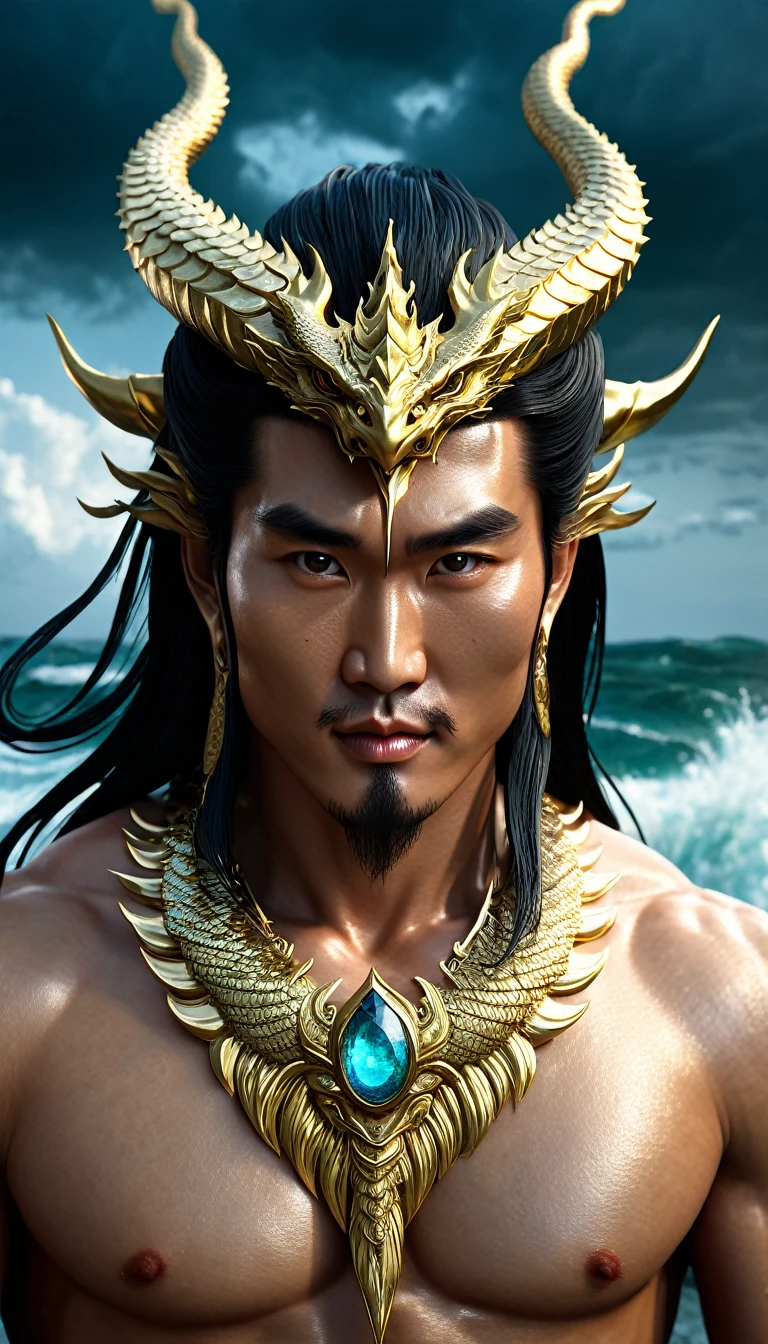 Portrait, extremely detailed close-up of the face, modeled after the legends of ancient Asian gods, taken from the waist up. The face of the god is a combination of modern beauty, combining the most prominent features of Thai, Korean, Hong Kong, Chinese movie stars. An extremely handsome face with strong features, sharp eyes, shining with supernatural power, seeing through the human heart, attracting viewers, somewhat cold eyes, powerful inner expression. Long, flowing black hair with interwoven sparkling dragon scales. Majestic dragon horns protrude from the forehead, curved and shiny. Muscles rippling with supernatural power, skin textured like delicate dragon scales. Wearing an exquisite gold necklace decorated with gemstones that glow with an inner light. In his hand, the male god holds an ancient, unusual weapon - perhaps a trident or a sword - radiating mystical, mythical energy. The god stands tall and majestic, a colossal figure of divine presence and supreme power in Asia. His posture exudes power and confidence, dominating the frame, dominating the dark, chaotic world. Behind the god, a stormy seascape with huge waves crashing violently, the sky is dark and ominous, filled with swirling storm clouds and thunder. The entire scene conveys a sense of his epic scale and divine power. Rendered in a surreal digital art style with dramatic lighting to enhance the fierce atmosphere and highlight his divine appearance. The image emphasizes the contrast between the calm, powerful demeanor of the god and the chaos of the elements around him that have been conquered and subdued, ((smiling))