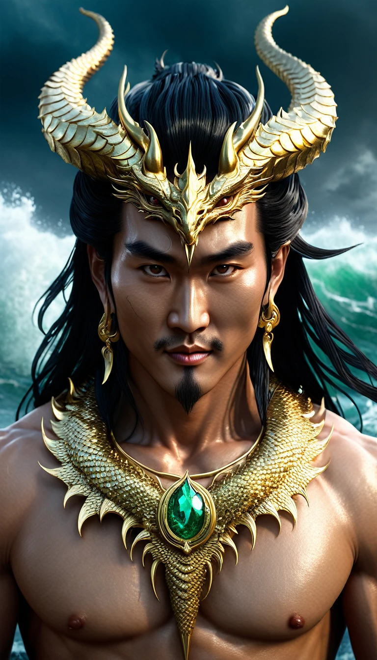 Portrait, extremely detailed close-up of the face, modeled after the legends of ancient Asian gods, taken from the waist up. The face of the god is a combination of modern beauty, combining the most prominent features of Thai, Korean, Hong Kong, Chinese movie stars. An extremely handsome face with strong features, sharp eyes, shining with supernatural power, seeing through the human heart, attracting viewers, somewhat cold eyes, powerful inner expression. Long, flowing black hair with interwoven sparkling dragon scales. Majestic dragon horns protrude from the forehead, curved and shiny. Muscles rippling with supernatural power, skin textured like delicate dragon scales. Wearing an exquisite gold necklace decorated with gemstones that glow with an inner light. In his hand, the male god holds an ancient, unusual weapon - perhaps a trident or a sword - radiating mystical, mythical energy. The god stands tall and majestic, a colossal figure of divine presence and supreme power in Asia. His posture exudes power and confidence, dominating the frame, dominating the dark, chaotic world. Behind the god, a stormy seascape with huge waves crashing violently, the sky is dark and ominous, filled with swirling storm clouds and thunder. The entire scene conveys a sense of his epic scale and divine power. Rendered in a surreal digital art style with dramatic lighting to enhance the fierce atmosphere and highlight his divine appearance. The image emphasizes the contrast between the calm, powerful demeanor of the god and the chaos of the elements around him that have been conquered and subdued, ((smiling)) 