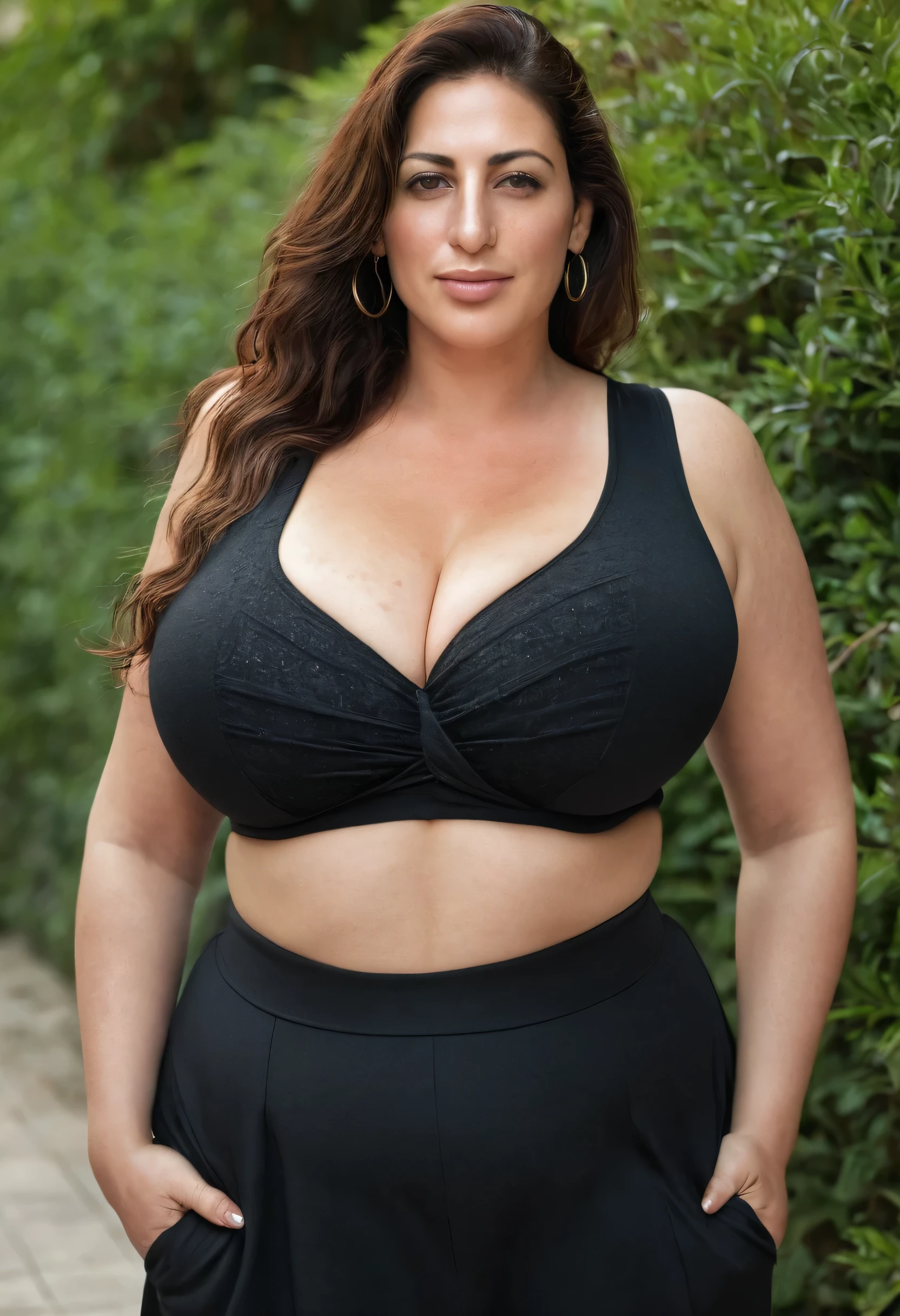 a tall very busty beautiful israeli women 40 year old, very toned , realistic, natural light, plus size figure, curvy, big breasts, thick, wearing black tank top and kameez, cleavage, soft jiggly breasts, hyper realistic skin, light freckle on skin. 