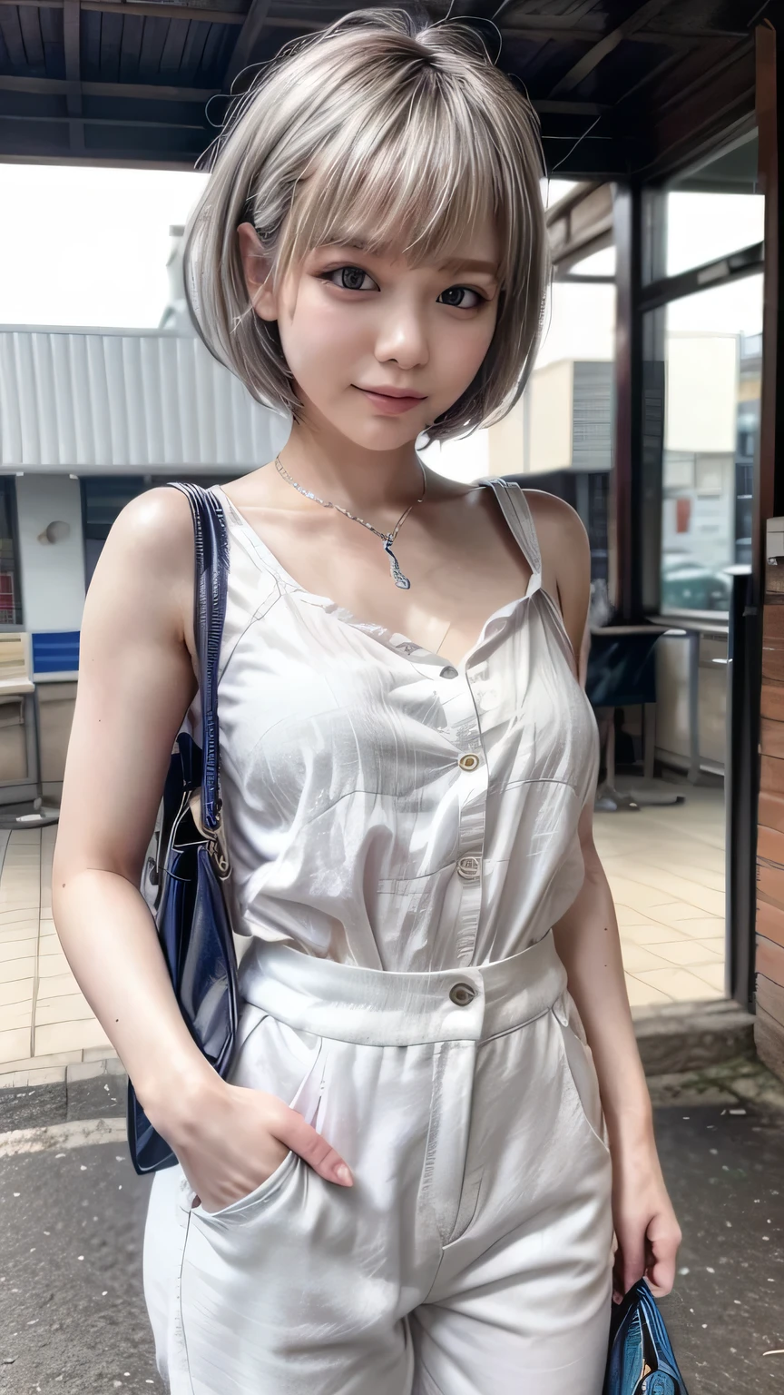 (Realistic、Like a photograph、Live Action、8k, Realistic, RAW Photos, Best image quality: 1.4), Single-lens reflex camera、RAW Photos, Highest quality, Realistic, Highly detailed CG Unity 8k wallpaper, Written boundary depth, Cinematic Light, Lens flare, Ray Tracing, Realistic background、A landmine girl waiting for an appointment、((Wearing a white blouse:1.4)、((Wear wide leg pants:1.1、(The strap of the shoulder bag passes between the chest:1.2、paisla))、Small breasts)、Cute ass)、((ultra high density skin))、 1 female,cute Japanese、Standing in front of the station, waiting for someone while looking at his smartphone、The whole body is visible:1.5、Wearing sneakers:1.1、((Silver Hair:1.5)、short hair:1.2、My hair flutters in the wind)、stylish ambiance、Very detailed and perfect costume、(White skin)、Precise and beautiful legs:1.1、View from the front、Super detailed face