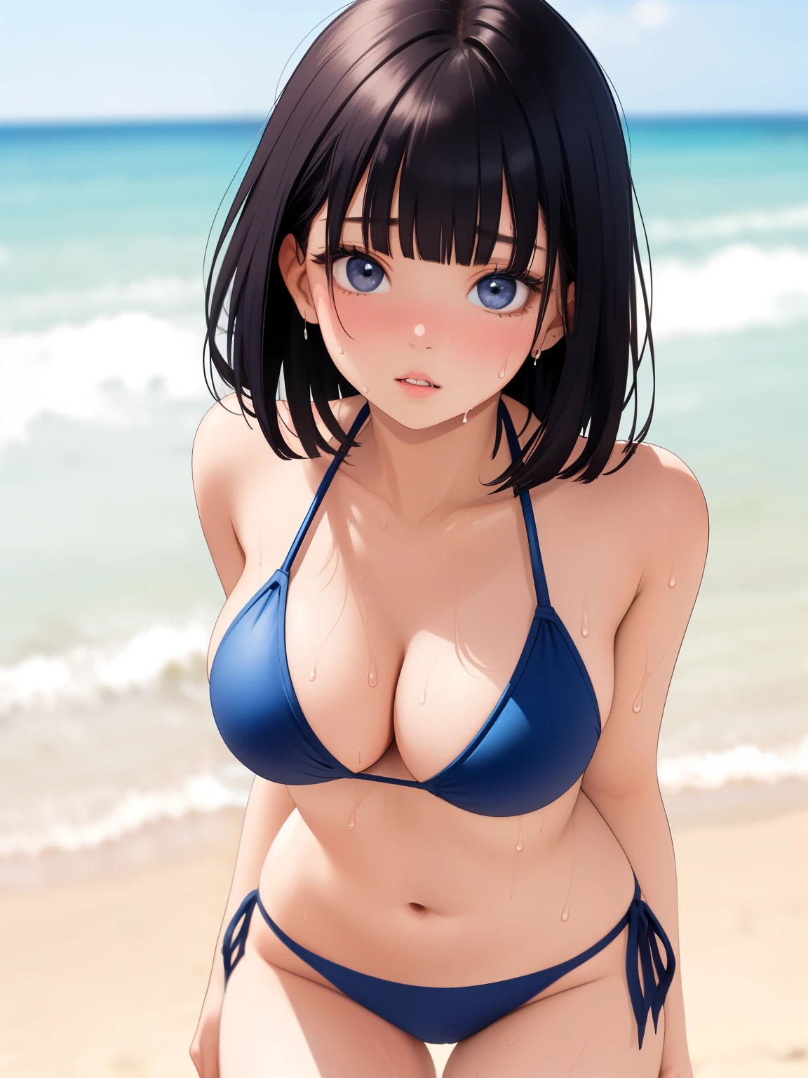 1girl,solo,kawaii,(parted lips:1.2),burgundy eyes,hime_cut,Blunt Bangs,Nose Blush,beautiful detailed face,beautiful detailed eyes,blue black hair,Layered cut,medium hair,medium breasts,(cleavage:0.9),beautiful,(Height 156cm:1.2),,,,beautiful,beautiful skin,(sweat:1.2), masterpiece, best quality,cowboy shot,(Chevron-pattern-bikini:1.2),outdoor,sandy beach,White sandy beach,blurry background