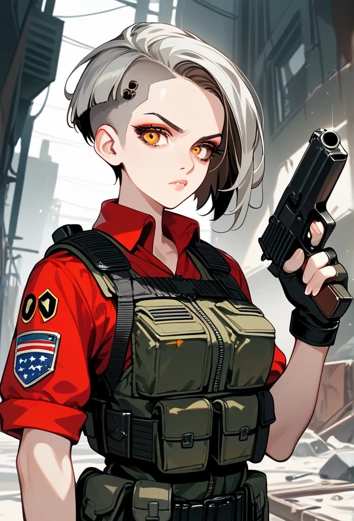 masterpiece, best quality, mature woman, (buzzcut hairstyle), gray hair, (villainous eyes), amber eyes, glossy lips, (mature face), serious expression, operative clothing, bulletproof vest, tactical vest, fingerless gloves, holding pistol, abandoned building