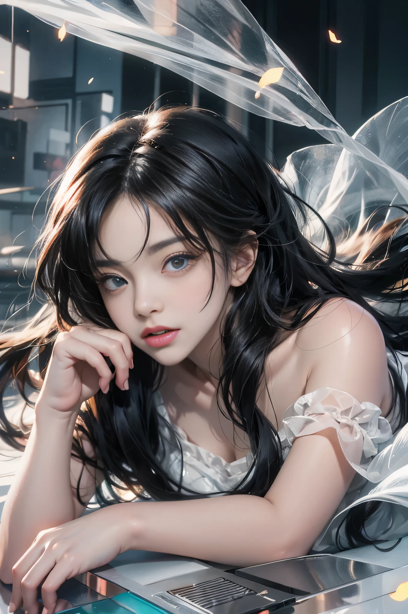 ((Girl lying on a marble table on a large floor))、((Lying on a marble table))、Fluorescent color、1 girl、Looking to the side、Beautiful face、Beautiful eyes、(Off the shoulder:1.2)、Upper Body、Shiny Hair、Glowing Skin、 Reduce glare、The proportions of the fingers have been adjusted、Escrow、ass pov、Dynamic Angle、(((Master part)))、(((highest quality)))、(((Super-detailed))) detailed)、(An illustration)、(Detailed light)、(Very delicate and beautiful)、Dramatic_Shadow、Ray_Tracking、reflection、 Ultra-high resolution、((A girl with colorful hair and mesh in her black hair))、 Her hair flutters in the wind、(Large deep blue eyes)、Black Haired Woman、 Sparkling Butterfly、Black-haired woman、Points of light around the woman、Magical Aura、Green dot、Aura About Natural、超Magical AuraBlack-haired woman,((Semi-transparent white open shoulder dress:1.3))、(No sleeve)、((My skirt is flying up in the wind)),((An old European castle is hazy in the distance)),((White panties are visible)),
