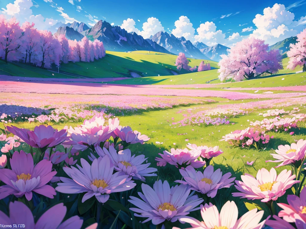 spring Background anime, colorful flowers, blooming flowers, 4K HDR, Maximum quality, extremely detailed, blue sky, background art, no people, empty landscape, no water, grass
