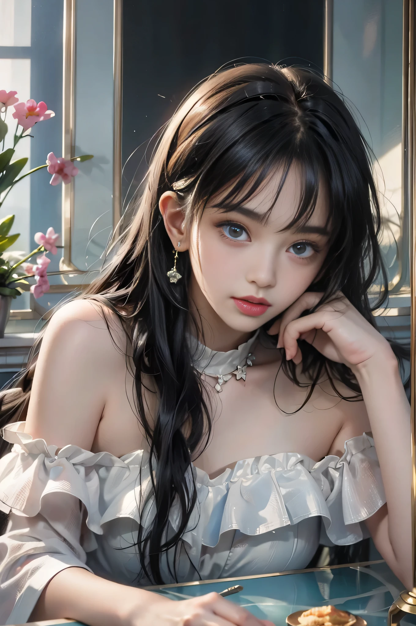 ((Girl lying on a marble table on a large floor))、((Lying on a marble table))、Fluorescent color、1 girl、Looking to the side、Beautiful face、Beautiful eyes、(Off the shoulder:1.2)、Upper Body、Shiny Hair、Glowing Skin、 Reduce glare、The proportions of the fingers have been adjusted、Escrow、ass pov、Dynamic Angle、(((Master part)))、(((highest quality)))、(((Super-detailed))) detailed)、(An illustration)、(Detailed light)、(Very delicate and beautiful)、Dramatic_Shadow、Ray_Tracking、reflection、 Ultra-high resolution、((A girl with colorful hair and mesh in her black hair))、 Her hair flutters in the wind、(Large deep blue eyes)、Black Haired Woman、 Sparkling Butterfly、Black-haired woman、Points of light around the woman、Magical Aura、Green dot、Aura About Natural、超Magical AuraBlack-haired woman,((Semi-transparent white open shoulder dress:1.3))、(No sleeve)、((My skirt is flying up in the wind)),((An old European castle is hazy in the distance)),((White panties are visible)),