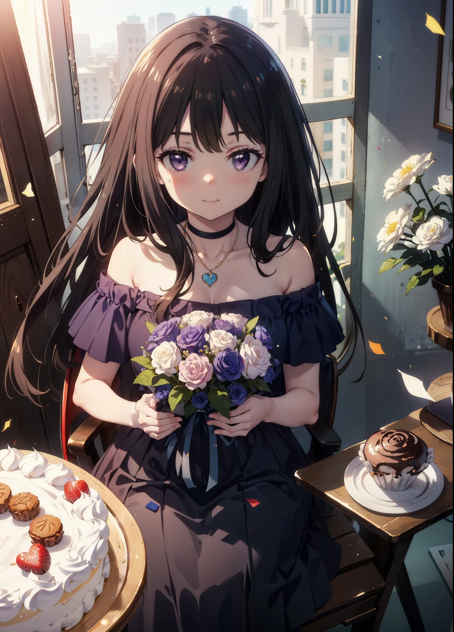 Takiuchikami, Long Hair, bangs, Black Hair, (Purple eyes:1.2),
smile,blush,Please open your mouth wide,Blue off-shoulder dress,Bare shoulders,bare clavicle,Bare neck,Heart Necklace,Short sleeve,Long skirt,Stiletto heels,holding a bouquet of flowers in both hands,There is a round birthday cake on the desk.,Confetti,cracker,whole bodyがイラストに入るように,
break indoors, venue,
break looking at viewer, whole body,
break (masterpiece:1.2), Highest quality, High resolution, unity 8k wallpaper, (shape:0.8), (Beautiful attention to detail:1.6), Highly detailed face, Perfect lighting, Extremely detailed CG, (Perfect hands, Perfect Anatomy),
