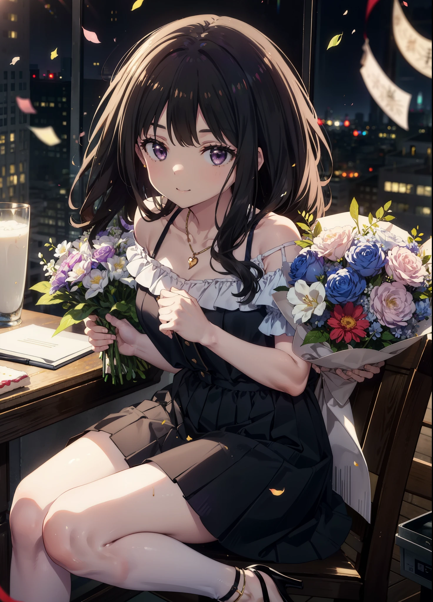 Takiuchikami, Long Hair, bangs, Black Hair, (Purple eyes:1.2),
smile,blush,Please open your mouth wide,Blue off-shoulder dress,Bare shoulders,bare clavicle,Bare neck,Heart Necklace,Short sleeve,Long skirt,Stiletto heels,holding a bouquet of flowers in both hands,There is a round birthday cake on the desk.,Confetti,cracker,whole bodyがイラストに入るように,
break indoors, venue,
break looking at viewer, whole body,
break (masterpiece:1.2), Highest quality, High resolution, unity 8k wallpaper, (shape:0.8), (Beautiful attention to detail:1.6), Highly detailed face, Perfect lighting, Extremely detailed CG, (Perfect hands, Perfect Anatomy),