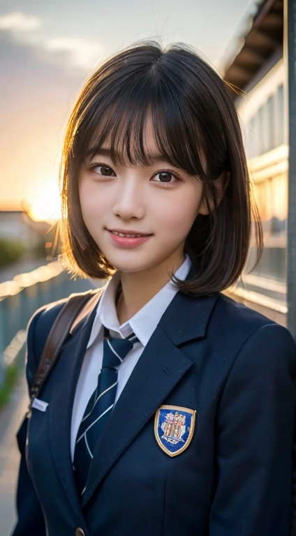 (Highest quality,8K quality,masterpiece:1.3),(Ultra-high resolution,Photorealistic:1.4,RAW Photos),(Ultra-detailed,Caustics,Detailed Background),(Ultra-Realistic Capture,Beautiful and detailed skin,Perfect Anatomy),At sunset,Sunset sky,School building,Schoolyard,18-year-old,cute,single eyelid,Black short bob,School Blazer Uniform,Looking into the camera,Laughter,Bust up shot,Natural soft light, Close-up, Turn around diagonally from the front