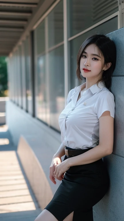 Pretty thai woman walking , (8k, best quality, masterpiece, ultra highres:1.2) Photo of Pretty thai woman beautiful, beautiful enchanting fashion contemporary painting with , (1girl), (white shirt short sleeves), ((black pencil skirt)), belt, ((hand down)), blonde hair , short hair, , realistic skin texture, looks up, (nudity), round chin, 85 mm art lens, f 1. 2, sharp focus, 8 k high definition, insanely detailed, intricate, elegant, large breasts, black skirt