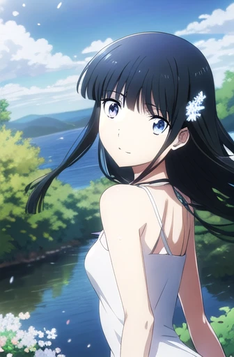 Miyuki Shiba (masterpiece),  BREAK 1girl,  breezy summer minidress (bare shoulders and bare arms),  wavy hair,  floating hair,  smile,  standing, wind ruffling her short hem of her dress (short hem; very short skirt),  open mouth,  light particles,  dark black hair,  deep blue eyes,  looking at viewer,  face focus, BREAK, scenery,  mountainous horizon,  cherry blossoms,  petals,  light particles,  BREAK upper body,  