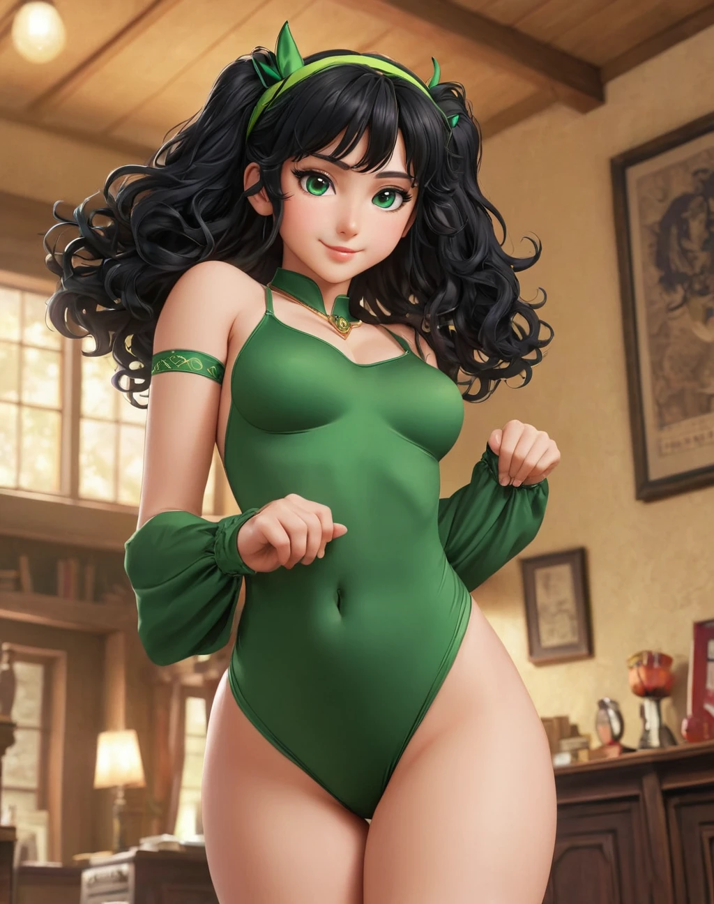 illustration of daughter of severus snape, Super detailed、highest quality、best image quality、masterpiece、8K、anime face、gentle smile、shining green eyes、black curly hair、heavy bangs、Wearing a headband、(SFW huge body)、(((Rear view)))、cowboy shot、Wearing a thong、whole body muscles
