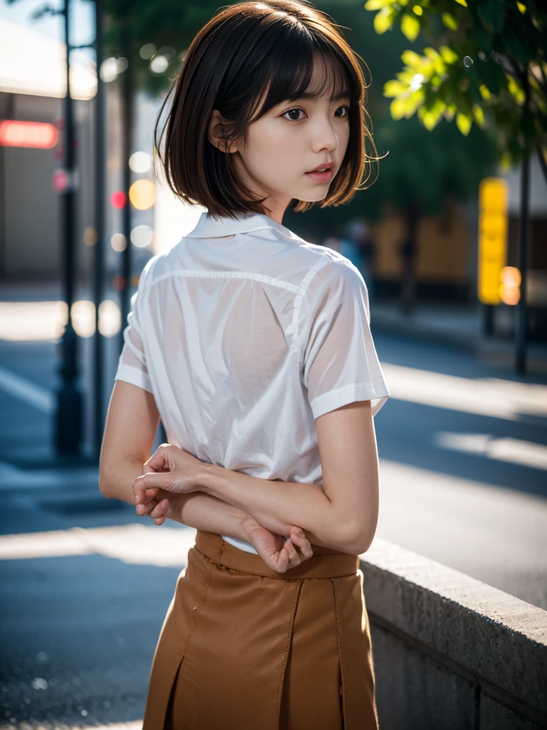 Put your hands behind your back、Put your wrists together、Wrap a rope around your wrist three times、shibari、Beauty、20-year-old、university student、Well-balanced proportions、Small face、Wear a short-sleeved blouse、Wearing a skirt、Anatomically correct body、The whole body is visible、, light brown hair, parted bangs, straight hair, symbol-shaped pupils, parted lips, horrified, short hair, expressive hair, shiny hair, Surrealism, Verism, cinematic lighting, depth of field, first-person view, from behind, f/1.2, Nikon, tachi-e, UHD, high quality, best quality, highres, 8k