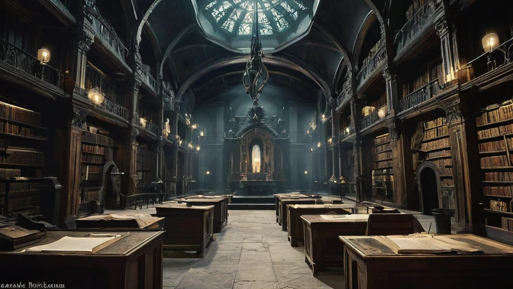 hidden away from the world, lies an old medieval library cloaked in darkness and mystery. The towering shelves, carved from dark, aged wood, stretch up to the vaulted ceiling, their surfaces covered in dust and cobwebs. Each shelf is packed with ancient tomes and scrolls, their leather-bound covers cracked and faded with time, some secured with rusted chains and locks.

The dim light from a few flickering candles casts eerie shadows across the room, making the old tapestries on the walls seem to move and shift. The scent of aged parchment, leather, and a faint hint of mildew fills the air, mingling with the musty smell of the stone walls. In the silence, the soft whisper of turning pages and the occasional creak of the wooden floorboards can be heard, adding to the sense of timelessness and secrecy.

Scattered across heavy, ornate tables are ancient maps, alchemical diagrams, and mystical symbols, hinting at the arcane knowledge contained within these walls. In the far corner, a grand fireplace, long cold and unused, is framed by a pair of imposing stone gargoyles, their eyes seemingly following any who dare enter.

The atmosphere is thick with an unspoken history, a palpable sense of power and forgotten magic. This library, with its dark corners and hidden alcoves, stands as a testament to the lost knowledge and secrets of a bygone era, inviting the brave and the curious to delve into its depths and uncover the mysteries that lie within.