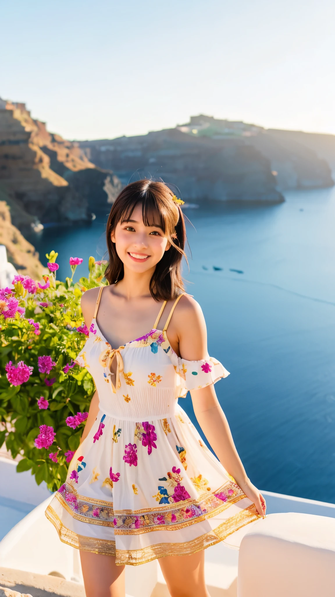 Masterpiece, 8K, hyper realistic, 1Girl, 24 years old, japanese, summer outfit, Background Santorini, Joyful, intricate details, golden hour