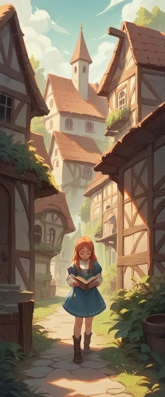 Human female，Long hair，The ends of the hair are slightly curled，With bangs，Double eyelids，Cute skirt，European medieval style，House Background，Little Noble，Reading in the house