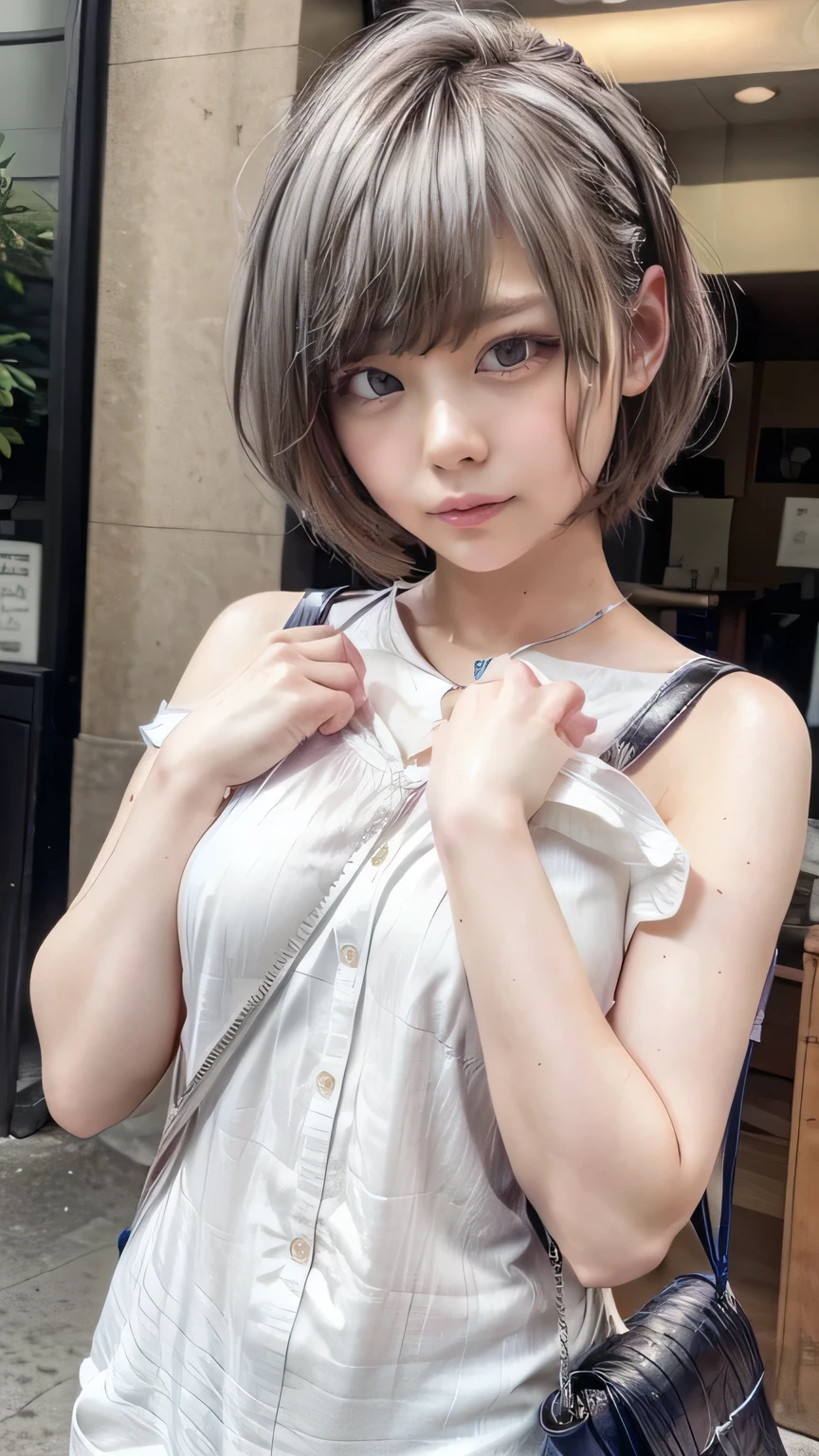 (Realistic、Like a photograph、Live Action、8k, Realistic, RAW Photos, Best image quality: 1.4), Single-lens reflex camera、RAW Photos, Highest quality, Realistic, Highly detailed CG Unity 8k wallpaper, Written boundary depth, Cinematic Light, Lens flare, Ray Tracing, Realistic background、A landmine girl waiting for an appointment、((Wearing a white blouse:1.4)、((Wear wide leg pants:1.1、(The strap of the shoulder bag passes between the chest:1.3、paisla:1.5))、Small breasts)、Cute ass)、((ultra high density skin))、 1 female,cute Japanese、Standing in front of the station, waiting for someone while looking at his smartphone、The whole body is visible:1.5、Wearing sneakers:1.1、((Silver Hair:1.5)、short hair:1.2、My hair flutters in the wind)、stylish ambiance、Very detailed and perfect costume、(White skin)、Precise and beautiful legs:1.1、View from the front、Super detailed face