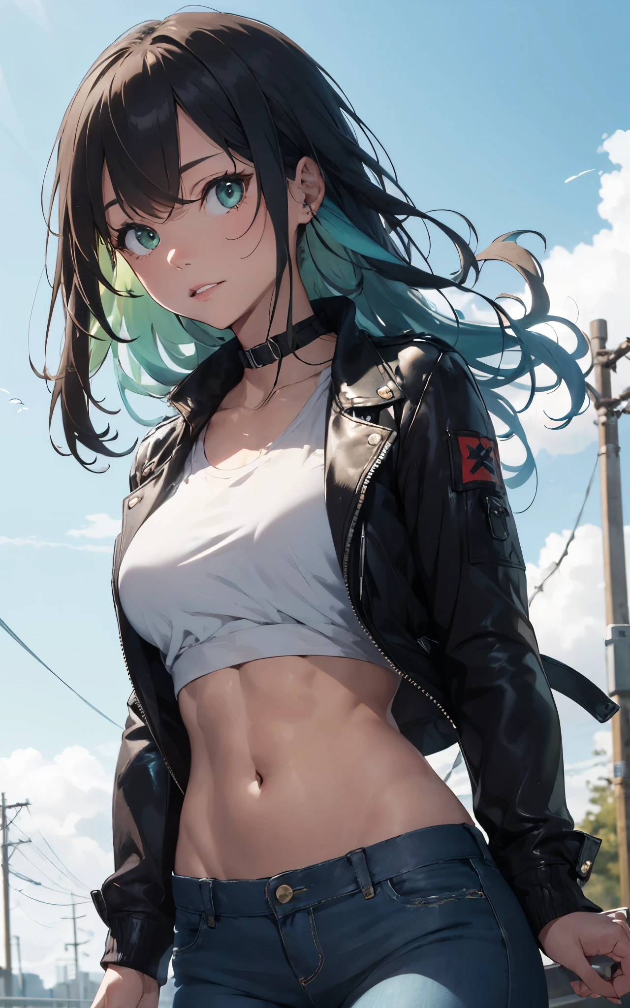 (Alicia Vikander:Evangeline Lilly), green light, glowing eyes, pov below, wind,, masterpiece, best quality, 1girl, cool, serious, medium breasts, long hair, blue hair, red leather jacket, crop top, tight jeans, green eyes, abs