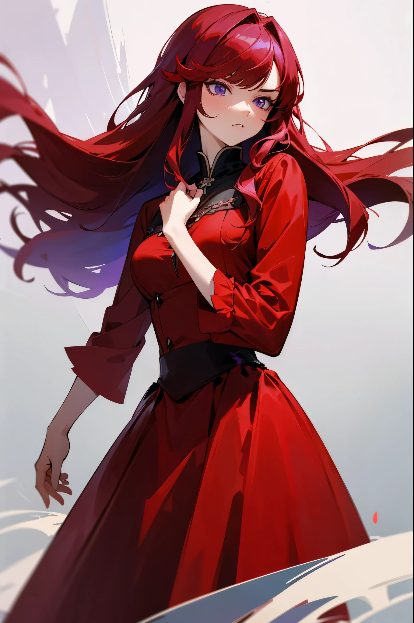 cowboy shot, straight-on, serious, pride royal ıv, purple eyes, red hair, swept bangs, long hair, red dress, red coat, absurdres, ultra detailed, masterpiece, best quality, aesthetic, detailed,