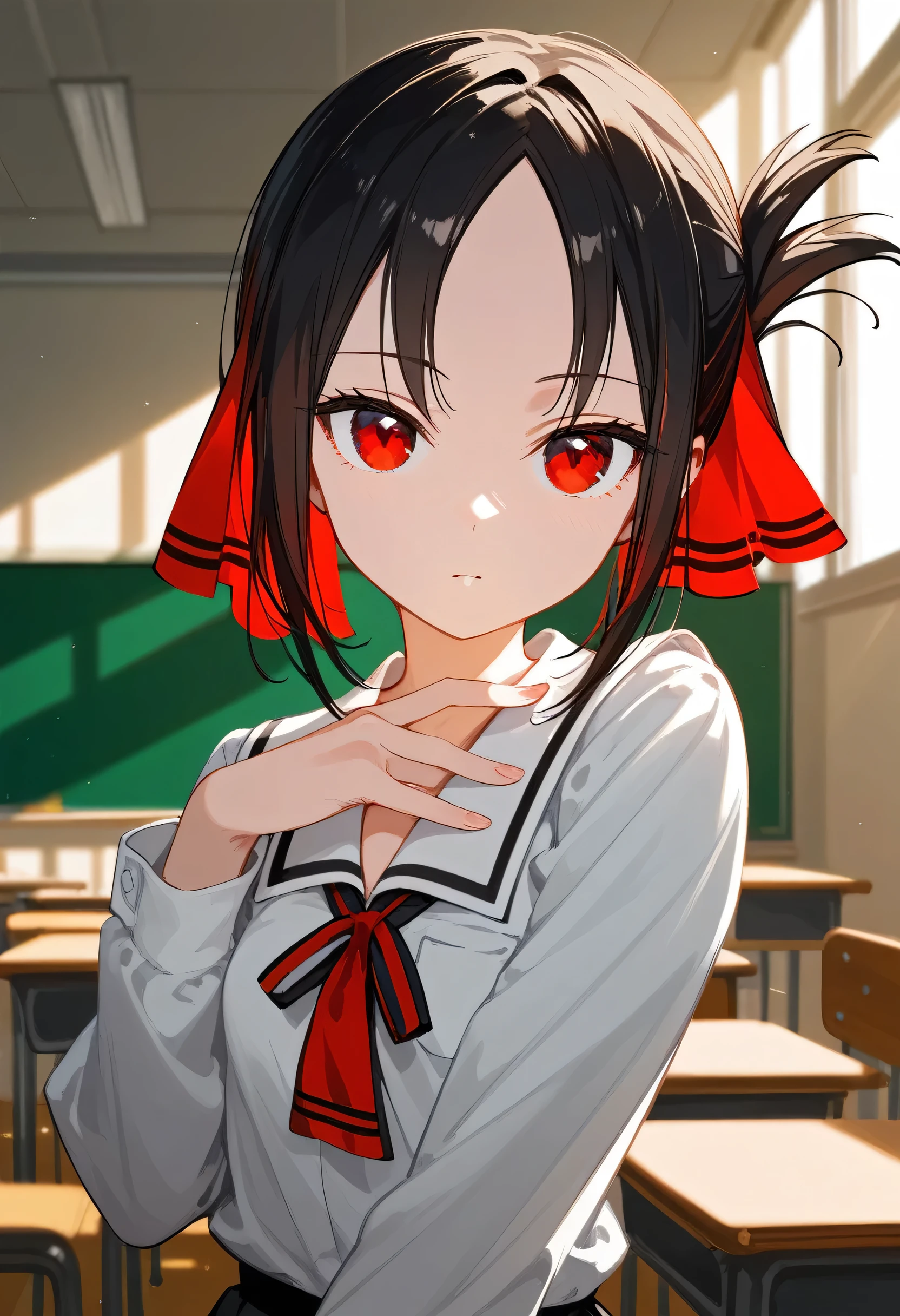 One Girl、Kaguya-shinomiya, kaguya shinomiya, Folded ponytail, amount, hair ribbon, (Red eyes:1.5), red ribbon, ribbon, short hair, Side Lock, (Small breasts:1.2), break looking at viewer, break indoors, classroom, break (masterpiece:1.2), highest qualthaty, High resolution, unthaty 8k wallpaper, (shape:0.8), (Fine and beautiful eyes:1.6), Highly detailed face, Perfect lighting, Highly detailed CG, (Perfect hands, Perfect Anatomy)、Collapse into bed、that&#39;Fallen、A system that allows you to see the face between your legs、Please open your mouth wide、that&#39;Come、Wistful face、Haa、Embarrassed expression(1:2)、Heavy breathing、Sexy Underwear、See-through underwear、(((Legs wide open)))、sthat、Lie down in bed、Red bed