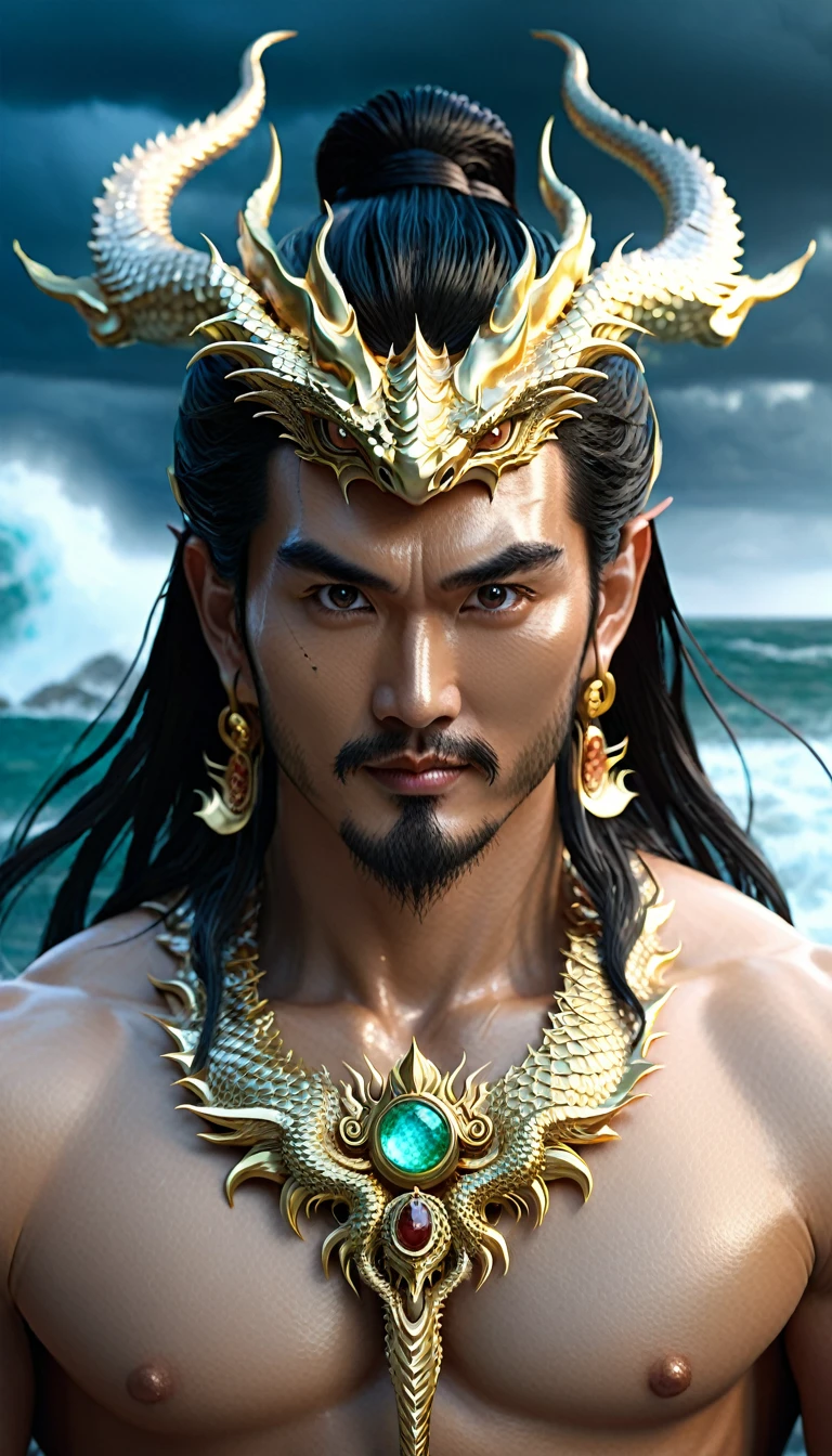 Portrait, extremely detailed close-up of the face, modeled after the legends of ancient Asian gods, taken from the waist up. The face of the god is a combination of modern beauty, combining the most prominent features of Thai, Korean, Hong Kong, Chinese movie stars. An extremely handsome face with strong features, sharp eyes, shining with supernatural power, seeing through the human heart, attracting viewers, somewhat cold eyes, powerful inner expression. Long, flowing black hair with interwoven sparkling dragon scales. Majestic dragon horns protrude from the forehead, curved and shiny. Muscles rippling with supernatural power, skin textured like delicate dragon scales. Wearing an exquisite gold necklace decorated with gemstones that glow with an inner light. In his hand, the male god holds an ancient, unusual weapon - perhaps a trident or a sword - radiating mystical, mythical energy. The god stands tall and majestic, a colossal figure of divine presence and supreme power in Asia. His posture exudes power and confidence, dominating the frame, dominating the dark, chaotic world. Behind the god, a stormy seascape with huge waves crashing violently, the sky is dark and ominous, filled with swirling storm clouds and thunder. The entire scene conveys a sense of his epic scale and divine power. Rendered in a surreal digital art style with dramatic lighting to enhance the fierce atmosphere and highlight his divine appearance. The image emphasizes the contrast between the calm, powerful demeanor of the god and the chaos of the elements around him that have been conquered and subdued, ((smiling)) 