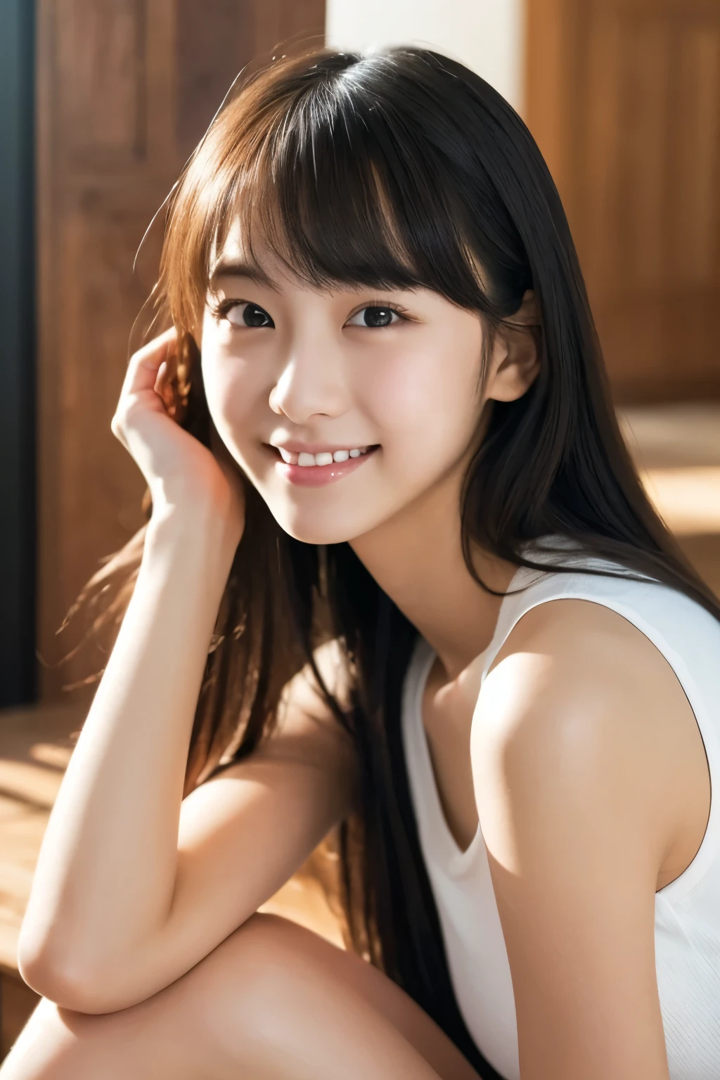 One Girl, (Wearing a white sleeveless shirt:1.2), (13 years old:1.5), Young Face, Cute Face,
(RAW Photos, Highest quality), (Realistic, Photorealistic:1.4), Tabletop, Sharp focus,
Very delicate and beautiful, Very detailed, 2k wallpaper, wonderful, In detail,
Very detailed CG Unity 8K 壁紙, Very detailed, High resolution, Soft Light,
Beautiful detailed girl, Very detailed目と顔, Beautifully detailed nose, Beautiful attention to detail,
break
In the bright living room, Cinema Lighting,
Perfect Anatomy, Slender body, Straight Long Hair, Parted bangs, An innocent smile, View your viewers