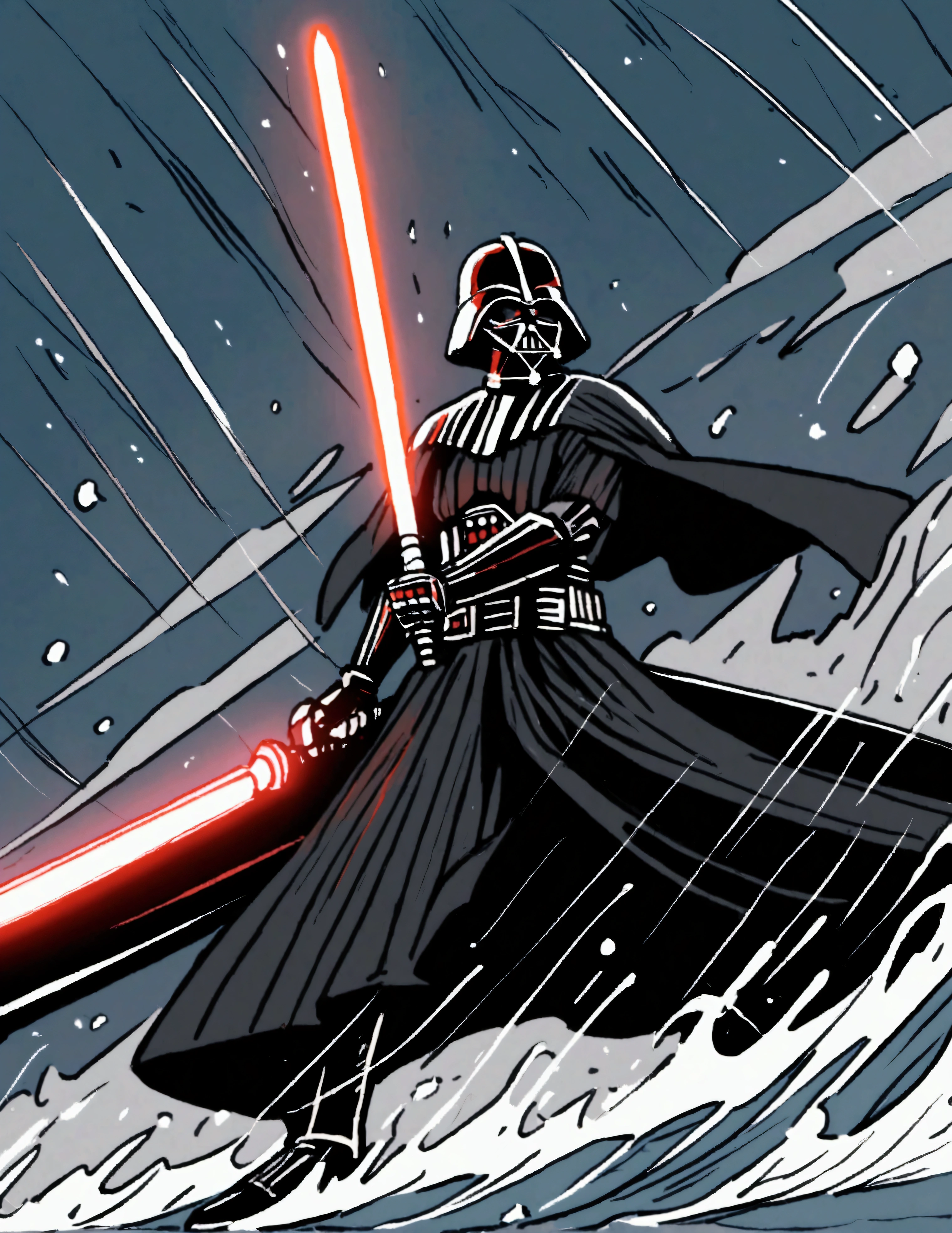 (Star Wars) Darth Vader is riding a mechanized combat surfboard, choppy waves, battle stance with 1 lightsaber lit, stormy skies