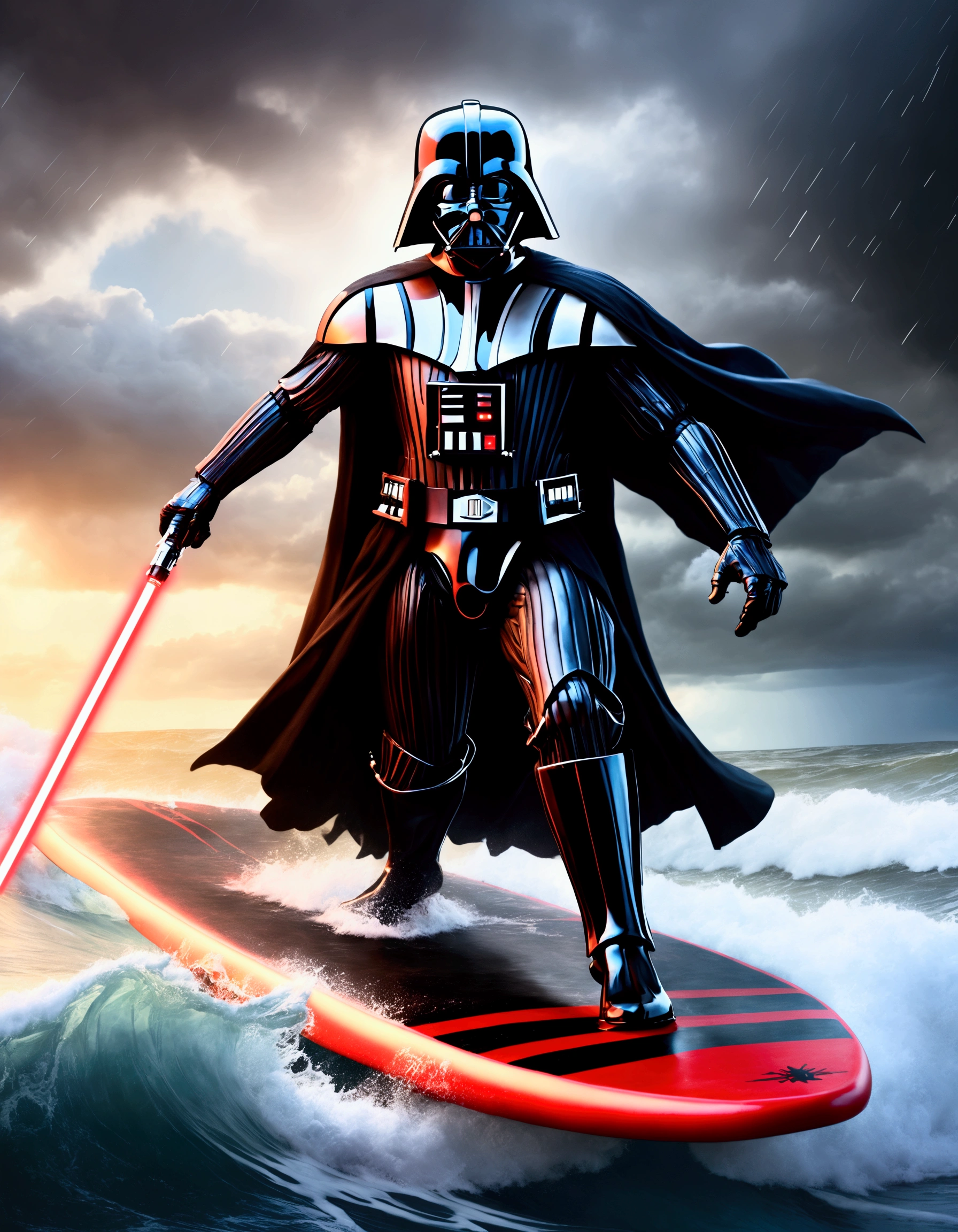 (Star Wars) Darth Vader is riding a mechanized combat surfboard, choppy waves, battle stance with 1 lightsaber lit, stormy skies