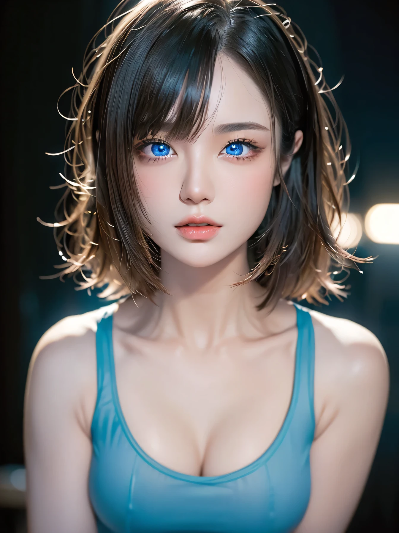 masterpiece, Highest quality, Very detailed, To the camera, Very detailed, Realistic, Sharp features, Very detailed, Sharp focus, Perfect Face, Perfect Face, Perfect symmetry and perfect eyes, Perfect Plump Lips, Flexible female form, cinematic, Film Light, Very detailedな, hyper Realistic, masterpiece, atmosphere, High resolution, Vibrant, Dynamic Studio Lighting, ((Dark Background)), The facial expression when feeling happy, Straight bangs, Blue eyes,White tank top 1.5))), (((Mid-shot photo, Big Breasts,