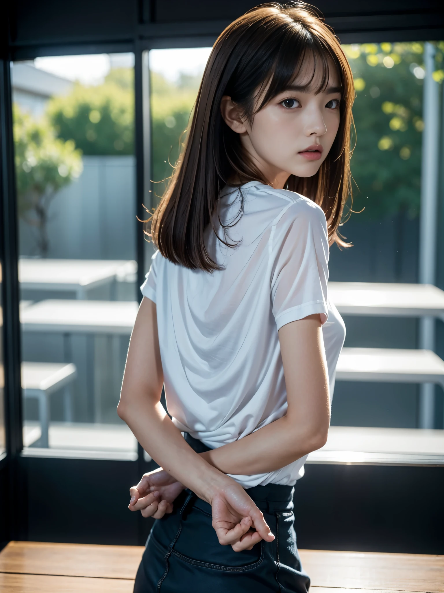 Put your hands behind your back、Put your wrists together、Wrap a rope around your wrist three times、shibari、Beauty、20-year-old、university student、Well-balanced proportions、Small face、Wear a short-sleeved blouse、Wearing a skirt、Anatomically correct body、The whole body is visible、, light brown hair, parted bangs, straight hair, symbol-shaped pupils, parted lips, horrified, short hair, expressive hair, shiny hair, Surrealism, Verism, cinematic lighting, depth of field, first-person view, from behind, f/1.2, Nikon, tachi-e, UHD, high quality, best quality, highres, 8k