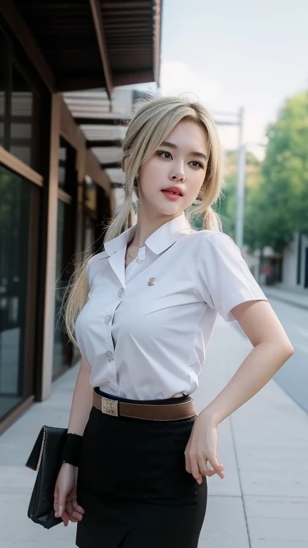 Pretty thai woman walking , (8k, best quality, masterpiece, ultra highres:1.2) Photo of Pretty thai woman beautiful, beautiful enchanting fashion contemporary painting with , (1girl), (white shirt short sleeves), ((black pencil skirt)), belt , , blonde hair, , realistic skin texture , round chin, 85 mm art lens, f 1. 2, sharp focus, 8 k high definition, insanely detailed, intricate, elegant, large breasts, big breasts , black skirt , twin tails hair